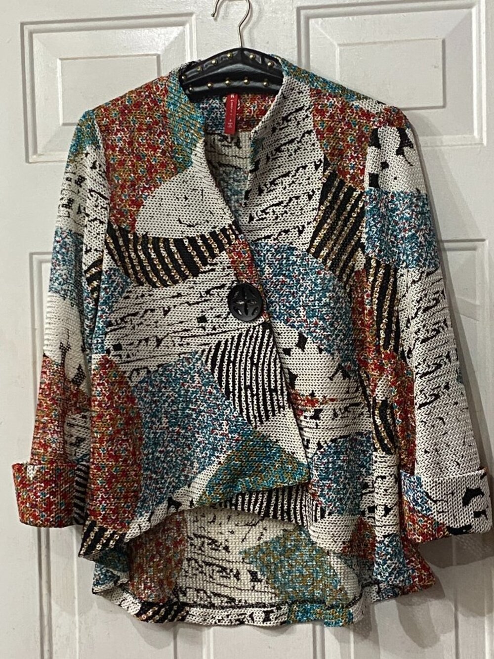 IC by Connie K Sz S Knit  Cardigan Jacket  Asymmetric 1 Button 3/4 Sleeve